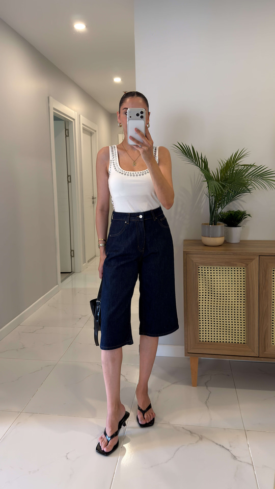 Pearl  Dark Blue Baggy Fit  Bermuda Şort