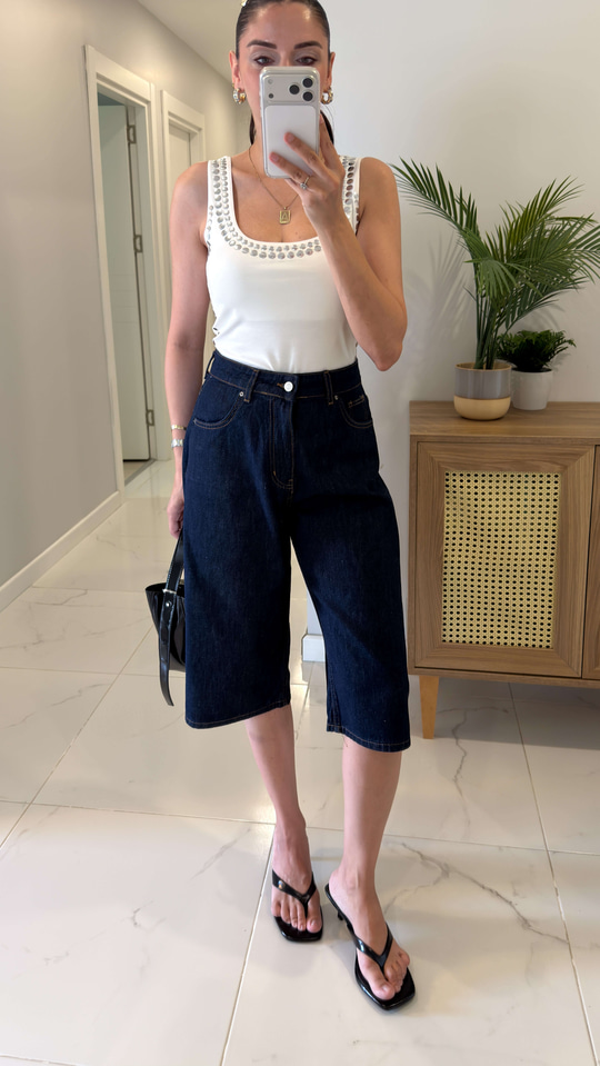 Pearl  Dark Blue Baggy Fit  Bermuda Şort