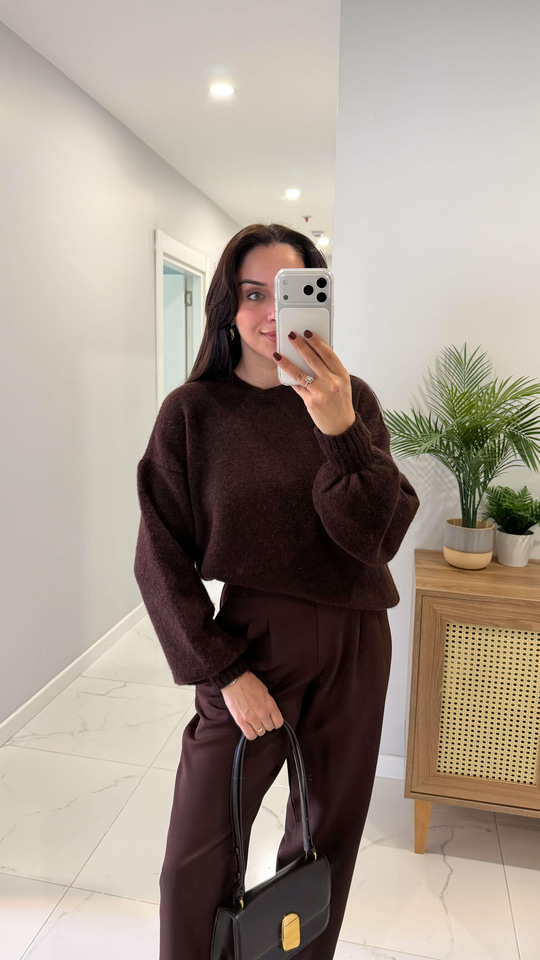 Pegra Kahve Bisiklet Yaka Oversize Triko
