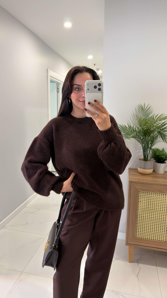 Pegra Kahve Bisiklet Yaka Oversize Triko