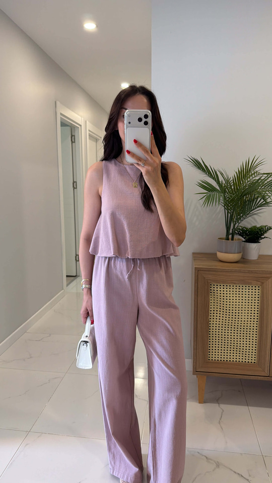 Persal Pudra Keten Bluz Pantolon Takım