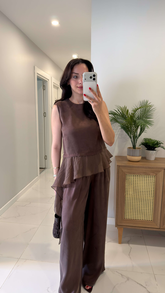 Petriz Kahve Garnili Bluz Pantolon Takım