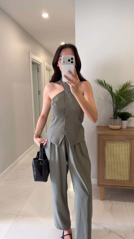 Pihola Haki Halter Yaka Yelek Pantolon Takım
