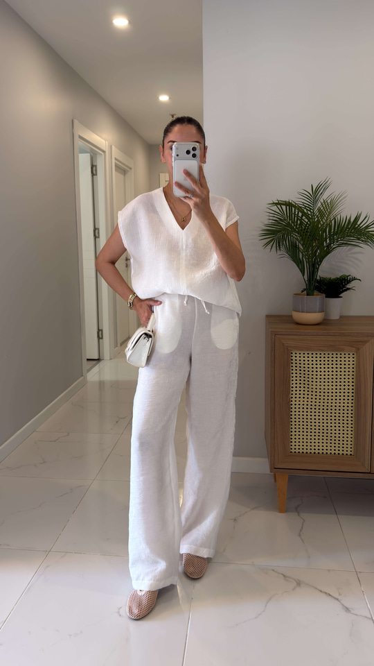 Ponse Beyaz Beli Bağlamalı Bluz Pantolon Takım