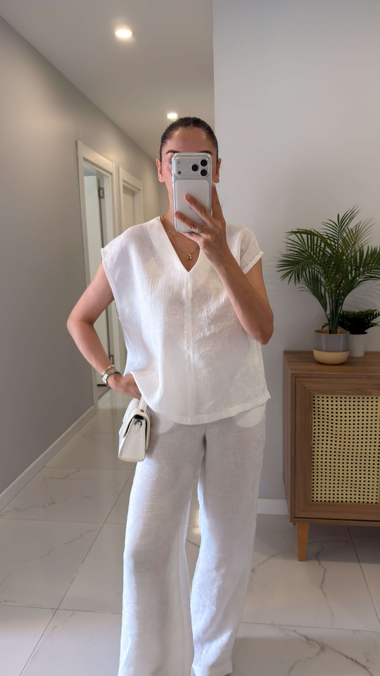 Ponse Beyaz Beli Bağlamalı Bluz Pantolon Takım