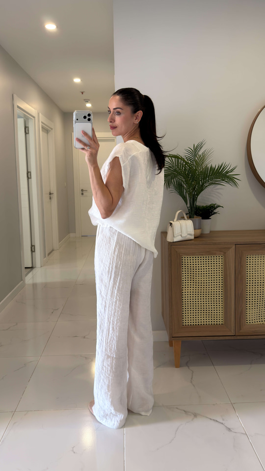 Ponse Beyaz Beli Bağlamalı Bluz Pantolon Takım