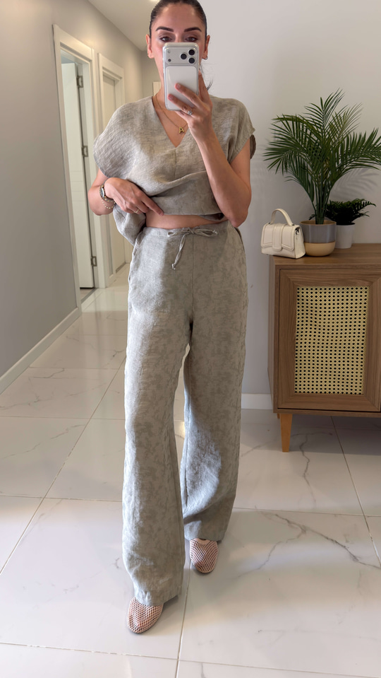Ponse Olive Beli Bağlamalı Bluz Pantolon Takım
