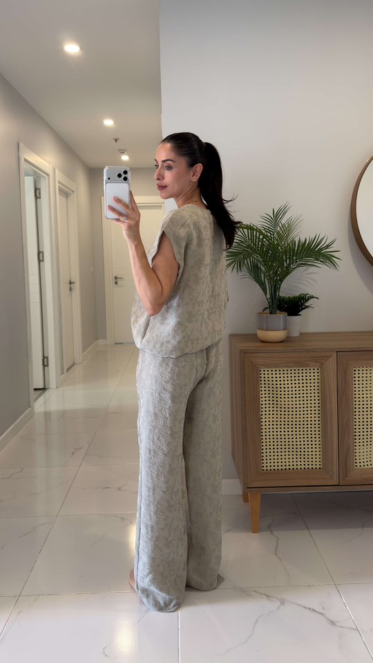 Ponse Olive Beli Bağlamalı Bluz Pantolon Takım