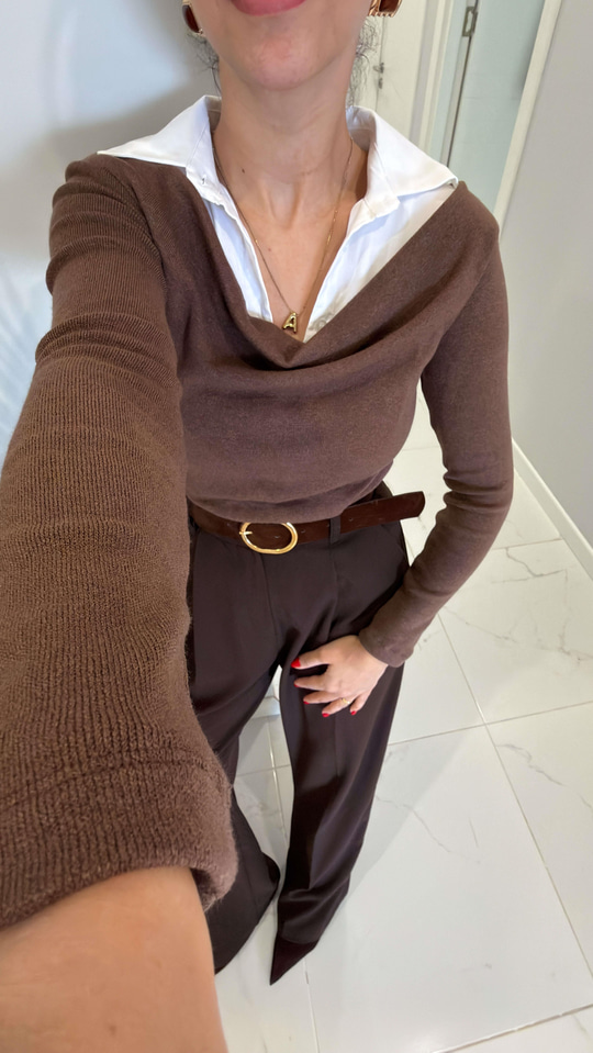 Porenwa Kahve Gömlek Yaka Detaylı Bluz
