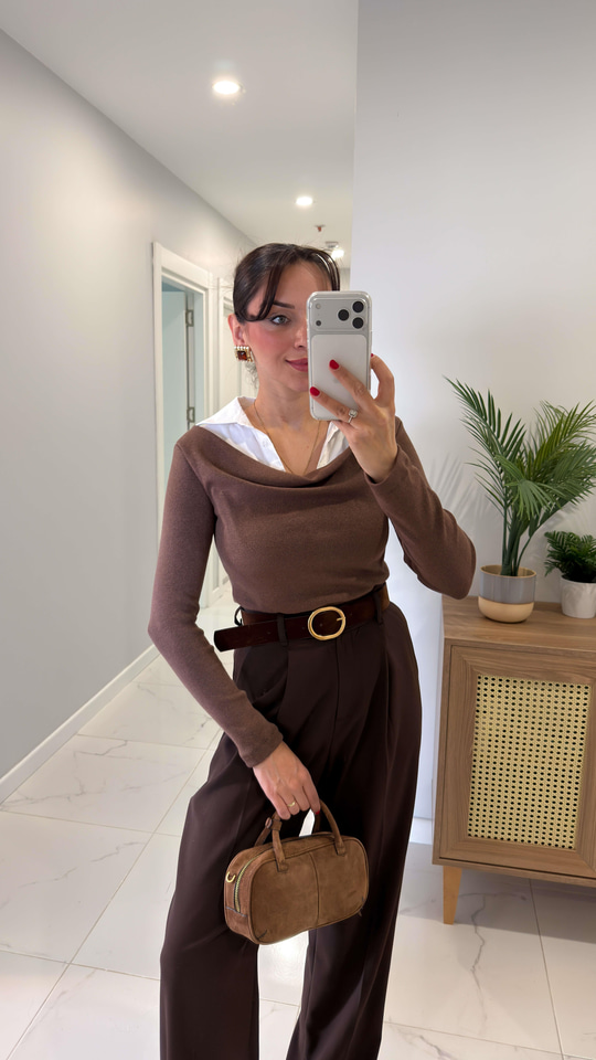 Porenwa Kahve Gömlek Yaka Detaylı Bluz