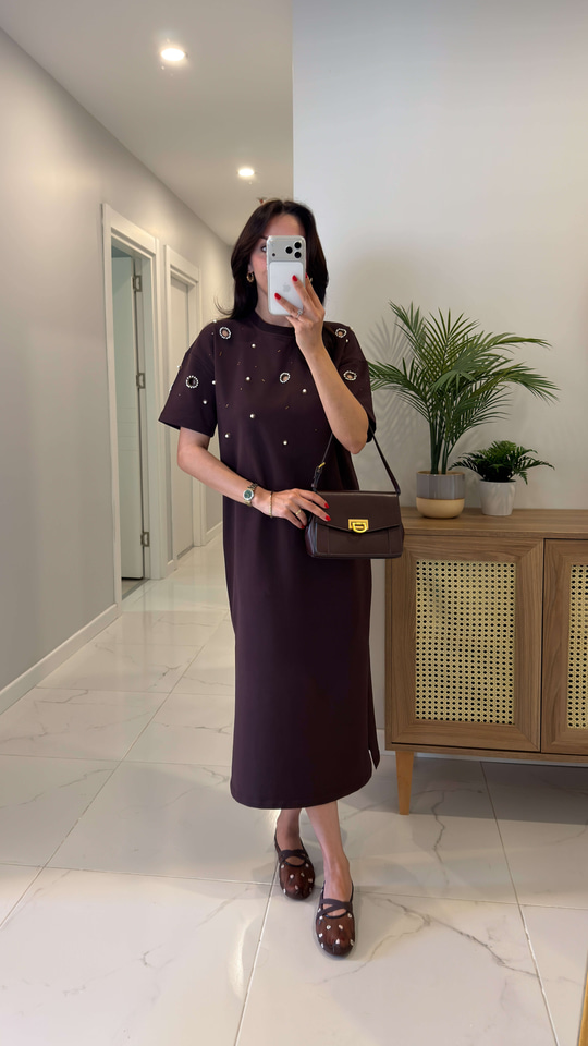 Poyana Kahve İnci İşleme Detaylı Elbise