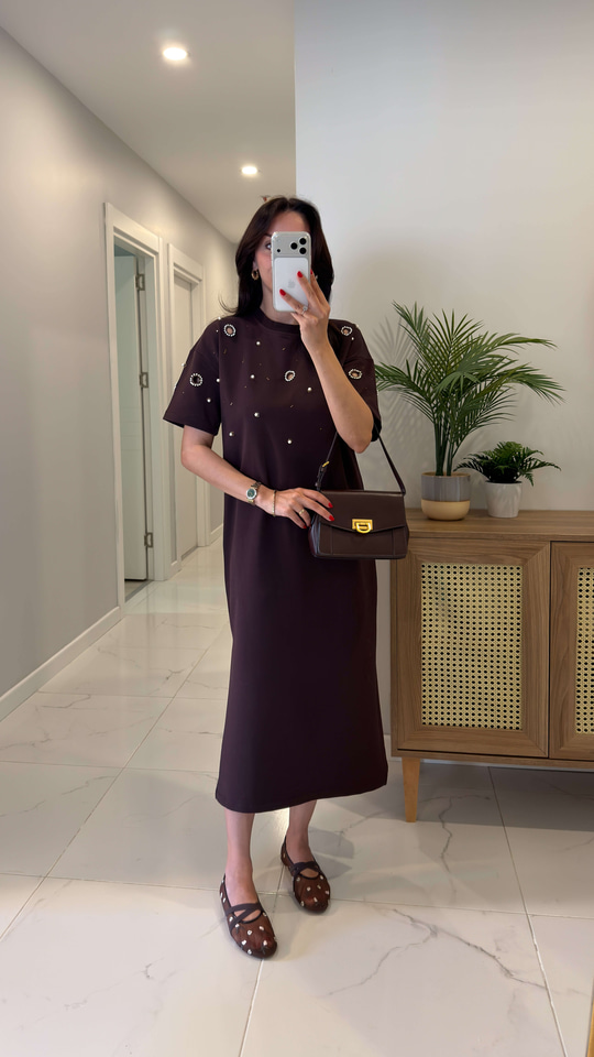 Poyana Kahve İnci İşleme Detaylı Elbise