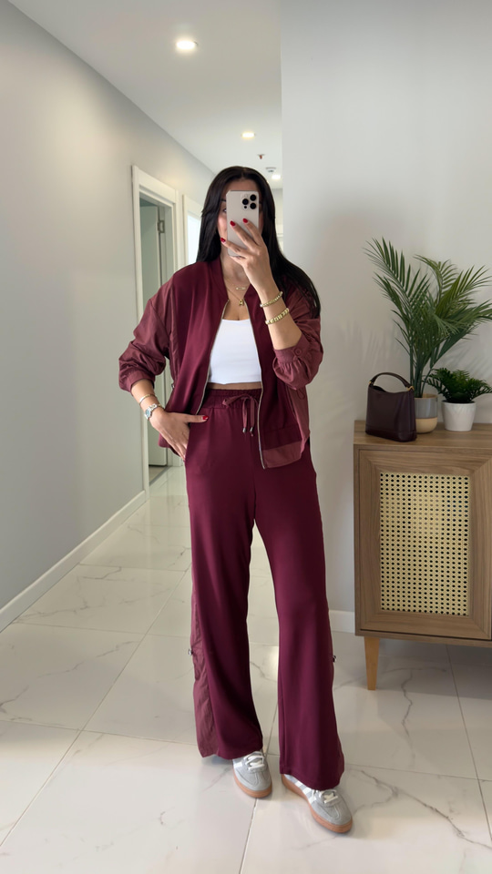 Rendry Bordo Paraşüt Detaylı Kapüşonlu Pantolon Takım