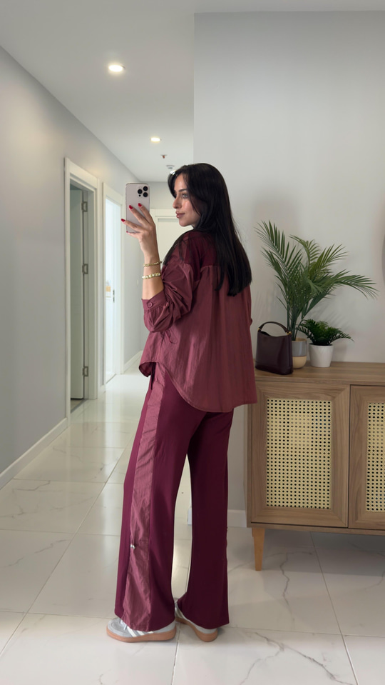 Rendry Bordo Paraşüt Detaylı Kapüşonlu Pantolon Takım