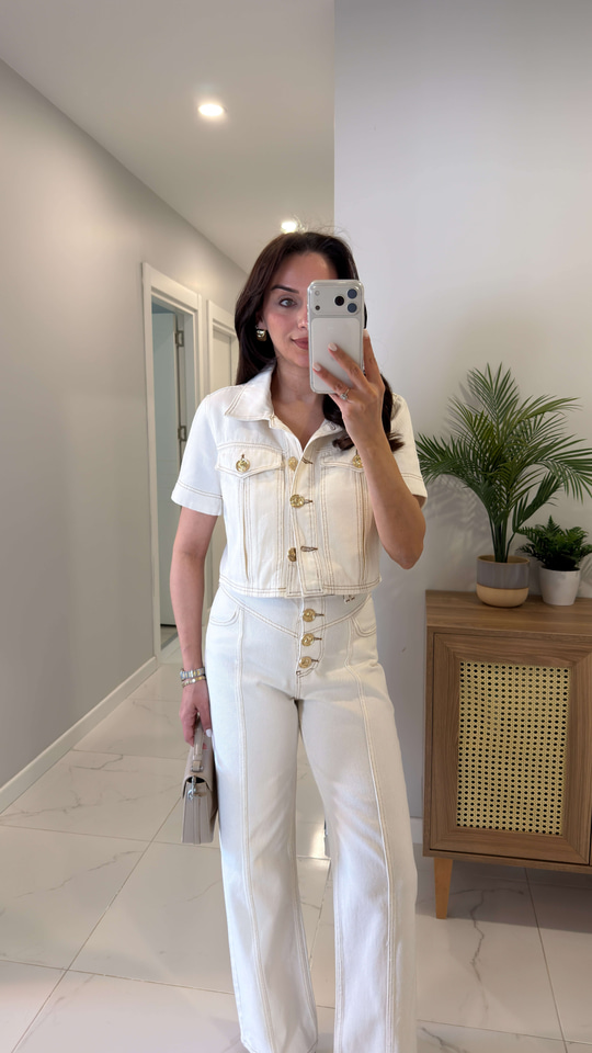 Renilda Ekru Crop Ceket Pantolon Takım