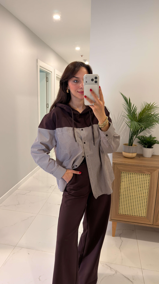 Choni Kahve Ekru Premium Gömlek Garnili Takım