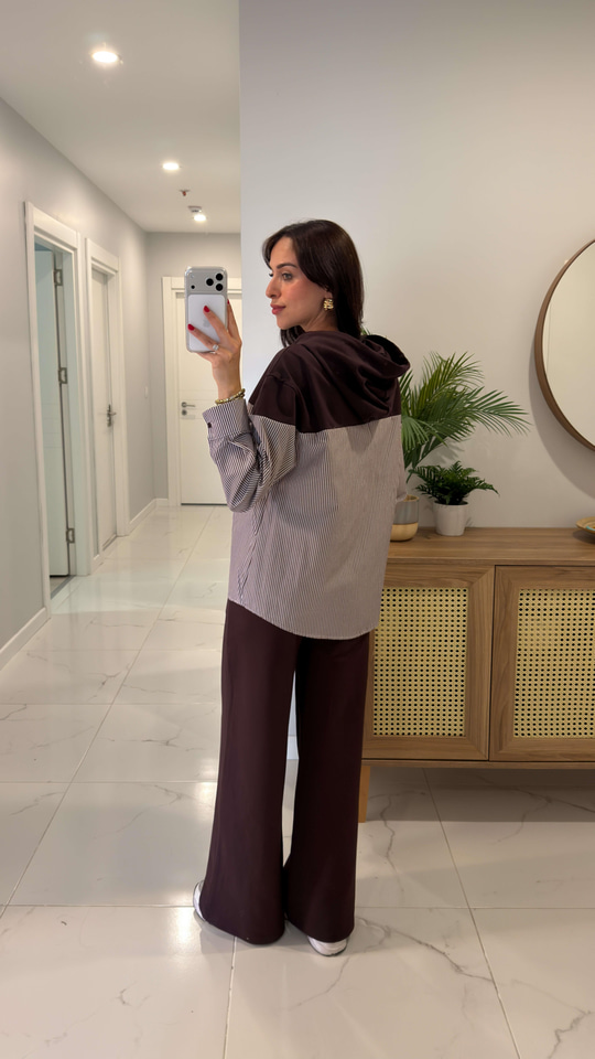 Choni Kahve Ekru Premium Gömlek Garnili Takım
