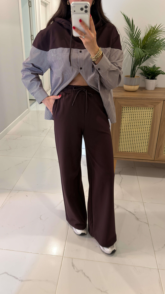 Choni Kahve Ekru Premium Gömlek Garnili Takım