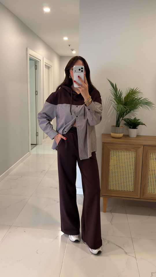 Choni Kahve Ekru Premium Gömlek Garnili Takım