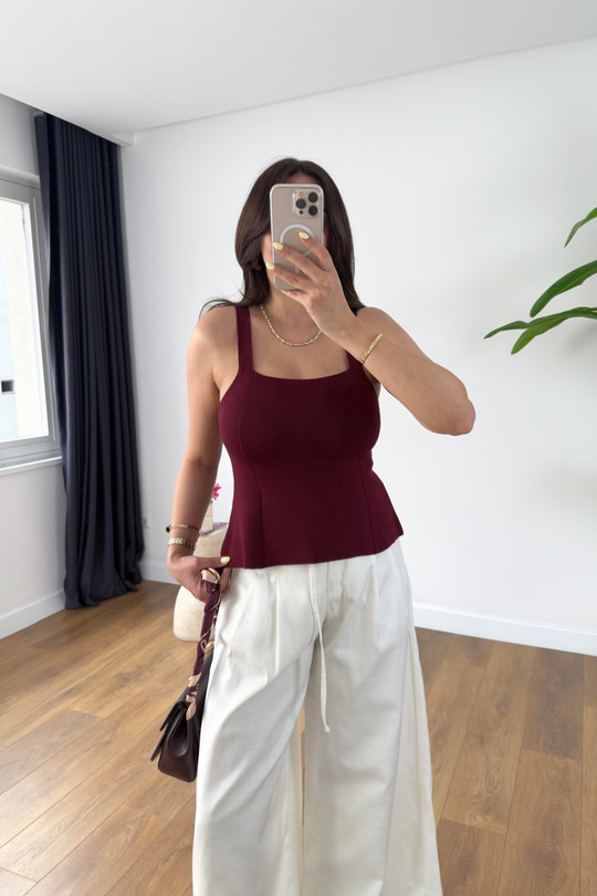 Reny Bordo Askılı Triko Bluz