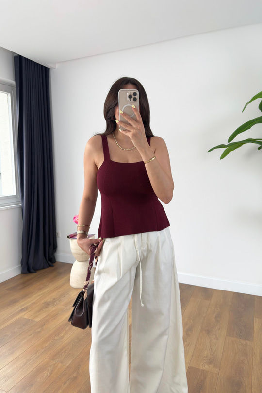 Reny Bordo Askılı Triko Bluz