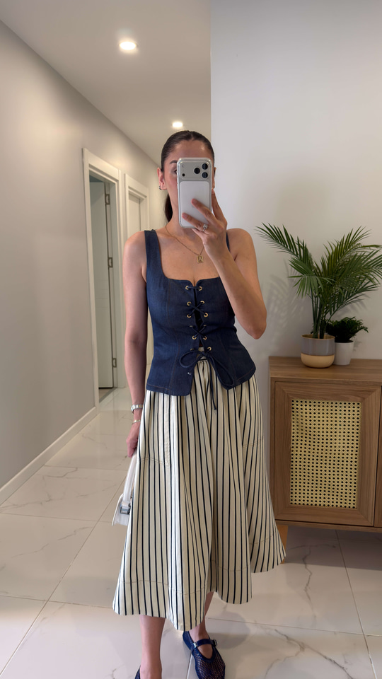 Ridda Lacivert Önden Bağcıklı Denim Bluz