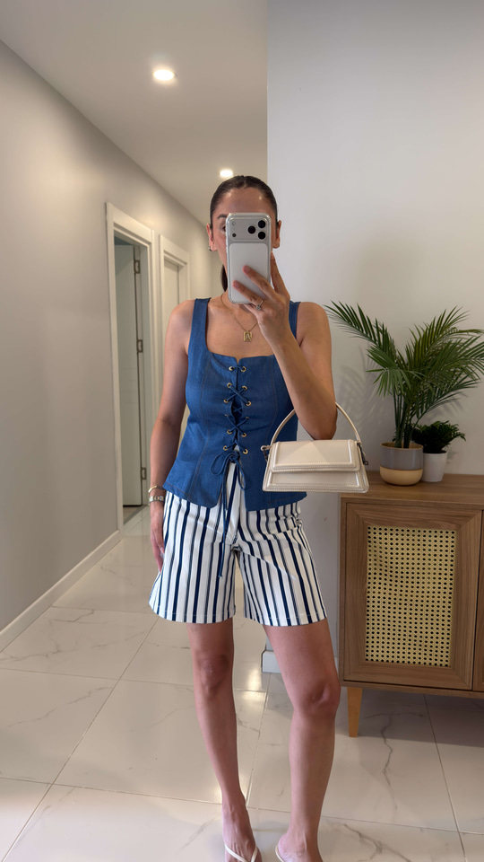 Ridda Mavi Önden Bağcıklı Denim Bluz