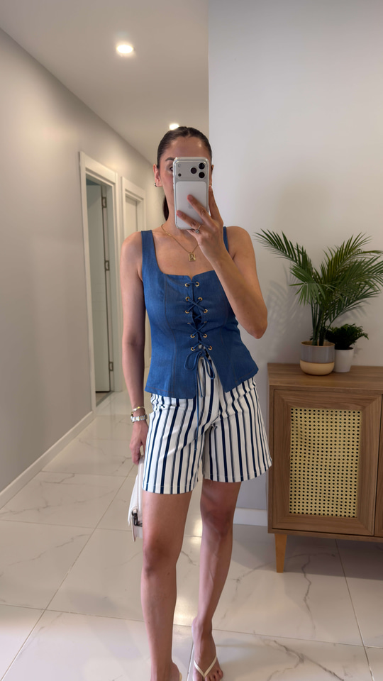 Ridda Mavi Önden Bağcıklı Denim Bluz