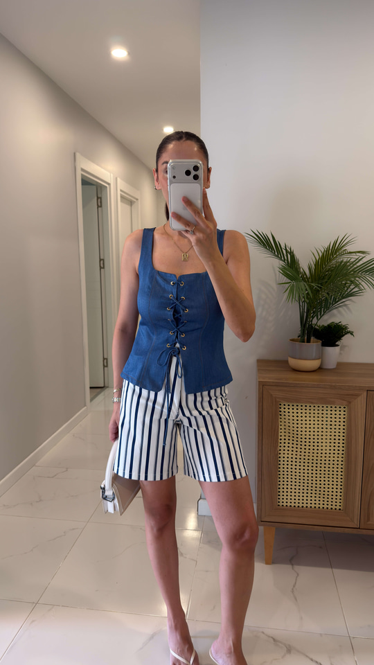 Ridda Mavi Önden Bağcıklı Denim Bluz