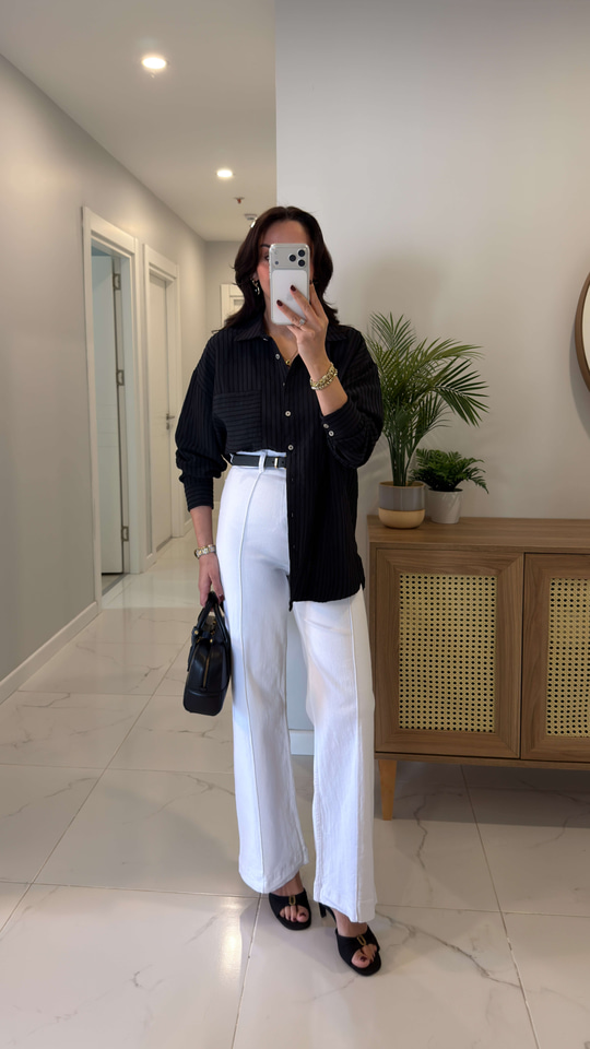 Rinno Beyaz Çımalı Extra Yüksek Bel Kemerli Jean