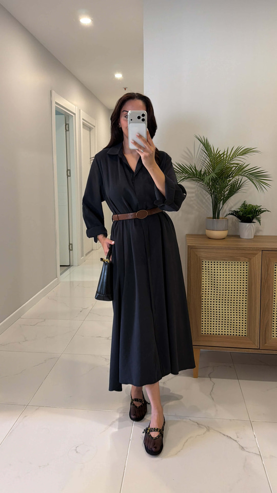 Rislan Siyah Premium Kemerli Elbise