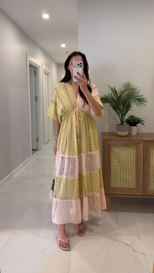 Rokle Pembe Sarı Desenli Elbise