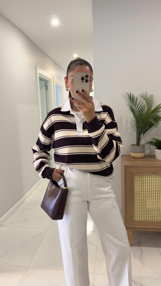 Rotts Bordo Ekru Çizgili Polo Yaka Sweat
