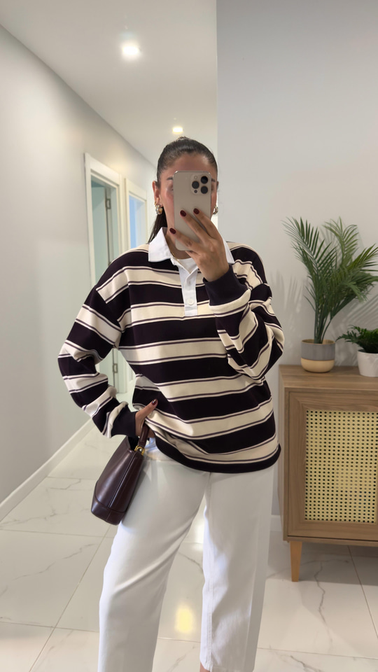 Rotts Bordo Ekru Çizgili Polo Yaka Sweat