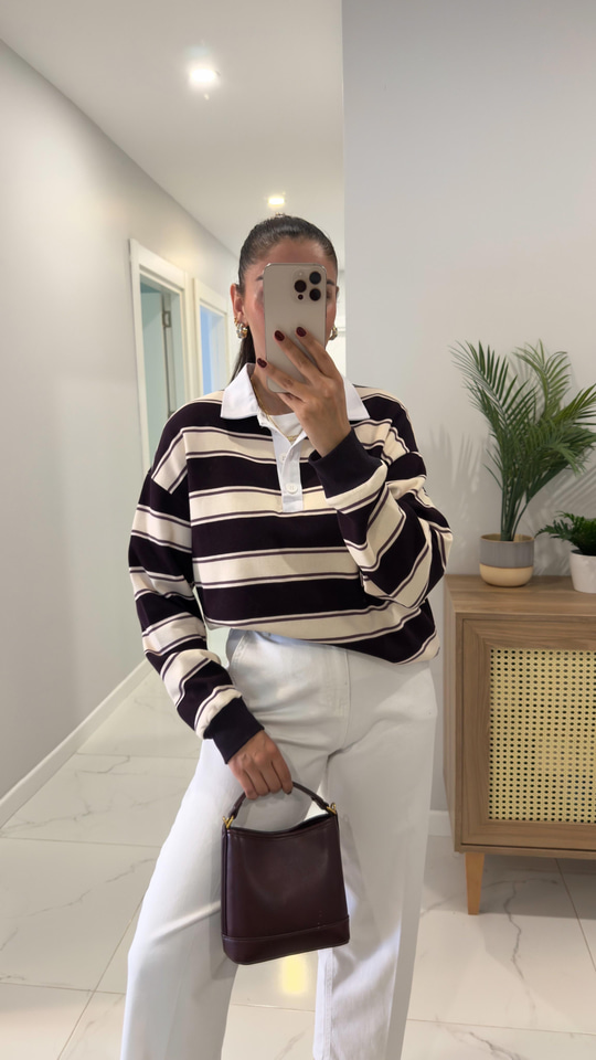 Rotts Bordo Ekru Çizgili Polo Yaka Sweat