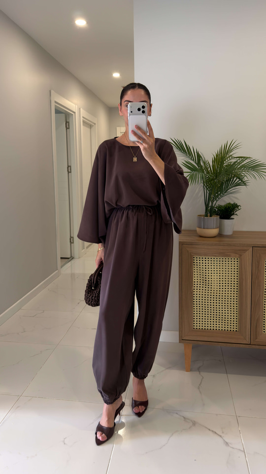Sanira Kahve Bluz Şalvar Pantolon Takım