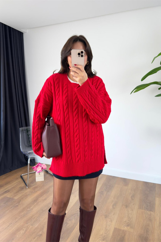 Selsa Kırmızı Örme Detaylı Triko