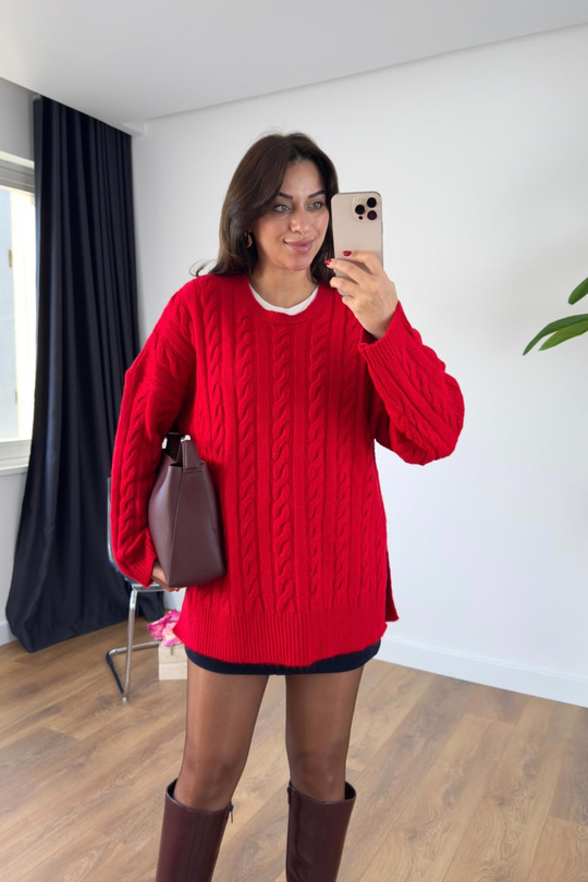 Selsa Kırmızı Örme Detaylı Triko
