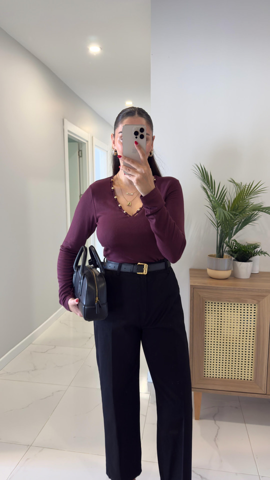 Senveta Bordo Yaka Boncuk Detaylı Bluz