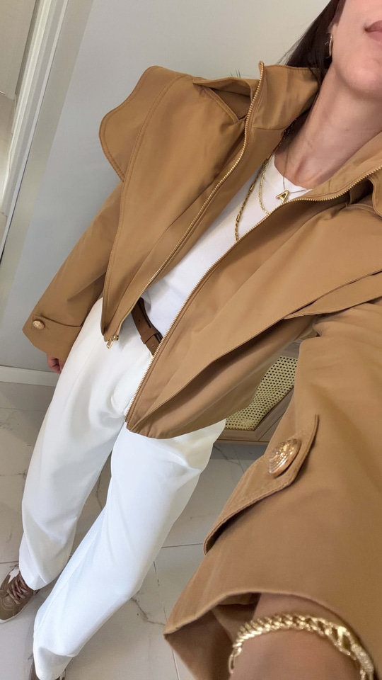 Sidose Camel Vatkalı Fermuarlı Crop Ceket