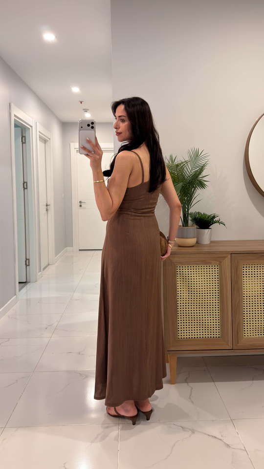 Silda Kahve Askılı Keten Elbise