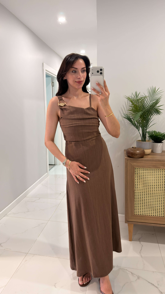 Silda Kahve Askılı Keten Elbise