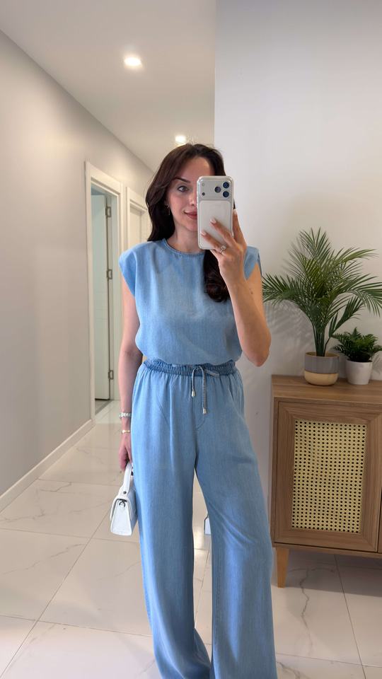 Sinla Buz Yıkama Vatkalı Bluz Pantolon Denim Takım