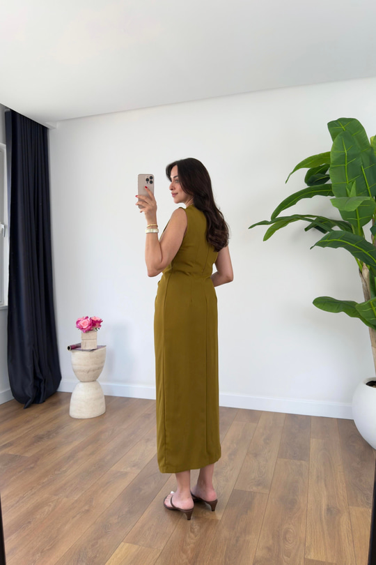Sita Olive Toka Detaylı Maxi Elbise