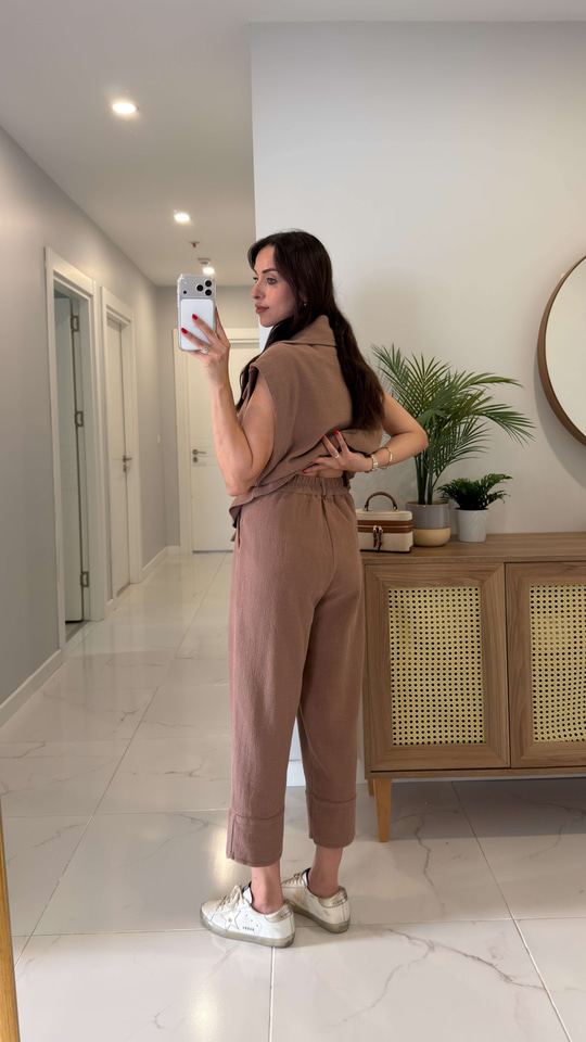 Siteros Kahve Keten Yelek Pantolon Takım