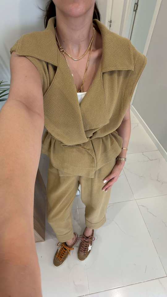 Siteros Olive Keten Yelek Pantolon Takım