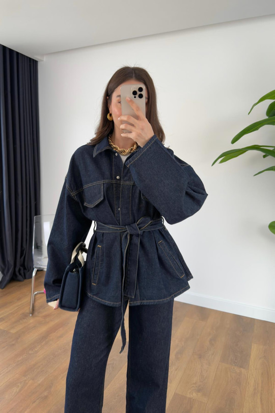 Sobela Dark Blue Kuşak Detaylı Ceket Pantolon Takım