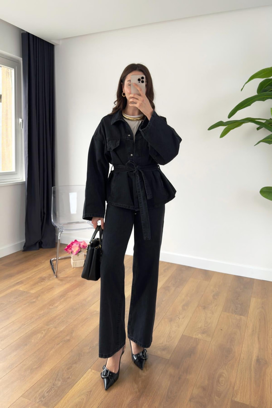 Sobela Koyu Antrasit Kemerli Ceket Pantolon Denim Takım
