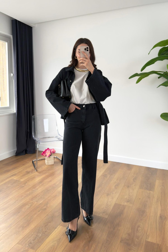Sobela Koyu Antrasit Kemerli Ceket Pantolon Denim Takım