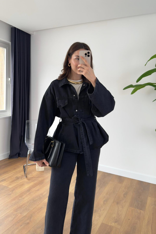 Sobela Koyu Antrasit Kemerli Ceket Pantolon Denim Takım